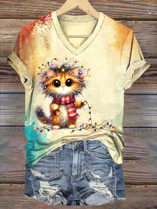 Womens Christmas Cat Print V Neck T Shirt