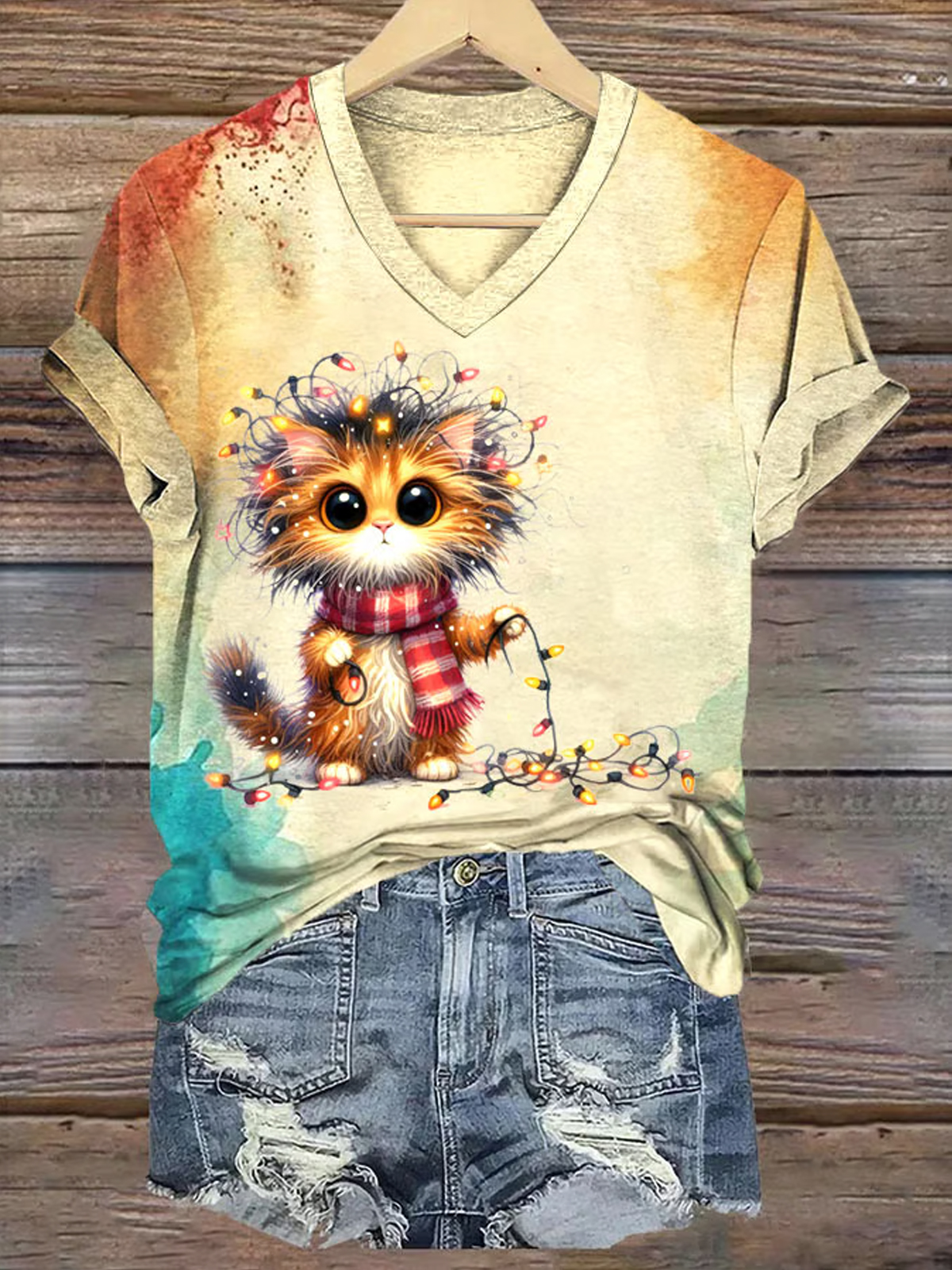 Women's Christmas Cat Print V-Neck T-Shirt