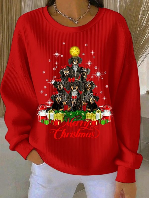 Womens Christmas Dachshund Christmas Tree Crew Neck Striped Sweatshirt