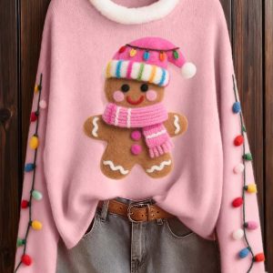 Womens Christmas Gingerbread Felt Pattern Furry Sweater