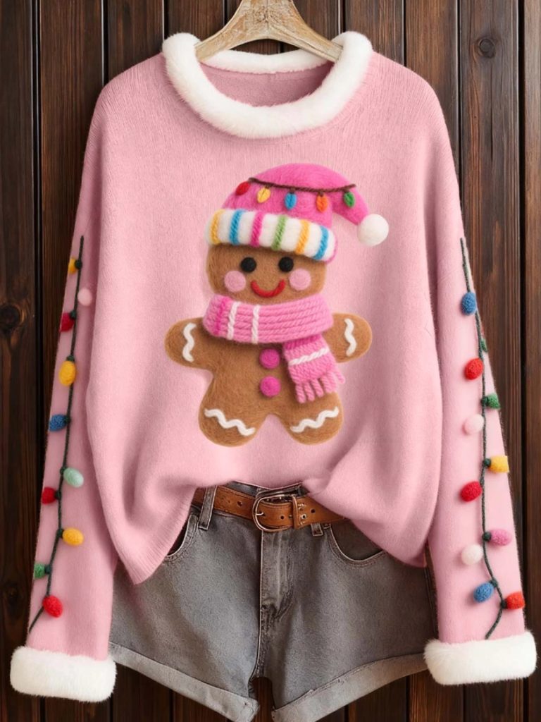 Womens Christmas Gingerbread Felt Pattern Furry Sweater