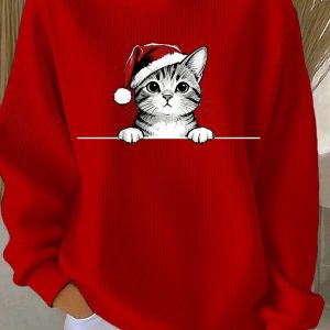 Womens Christmas Hat Cat Ribbed Sweatshirt