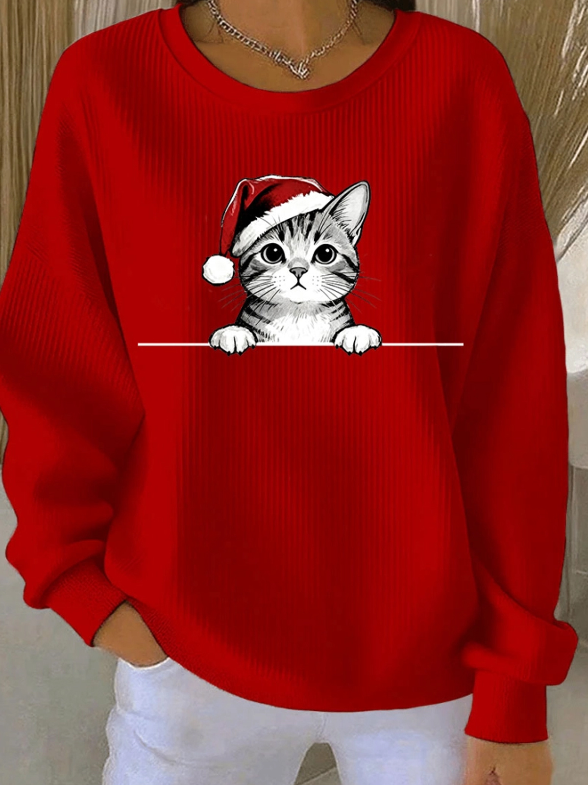 Women's Christmas Hat Cat Ribbed Sweatshirt