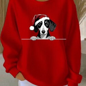 Womens Christmas Hat Dachshund Ribbed Round Neck Sweatshirt