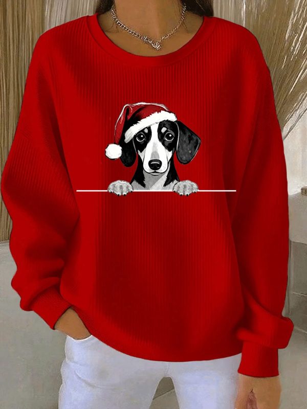 Womens Christmas Hat Dachshund Ribbed Round Neck Sweatshirt