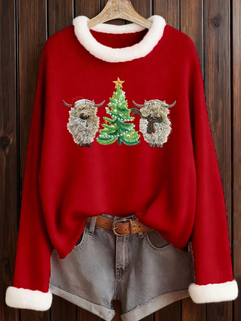 Womens Christmas Highland Cow Print Sweater