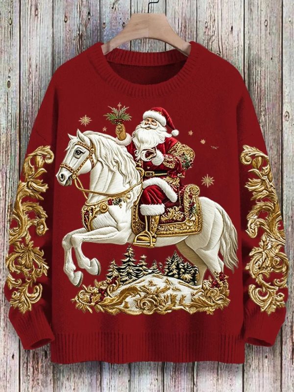 Womens Christmas Santa Claus Print Art Casual Knitted Sweater