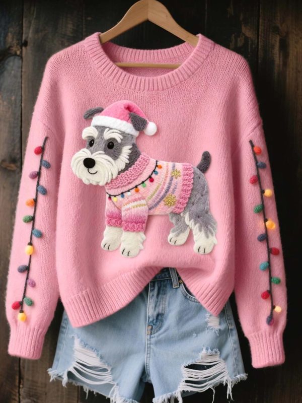 Womens Christmas Schnauzer Dog Felt Art Cozy Knit Sweater