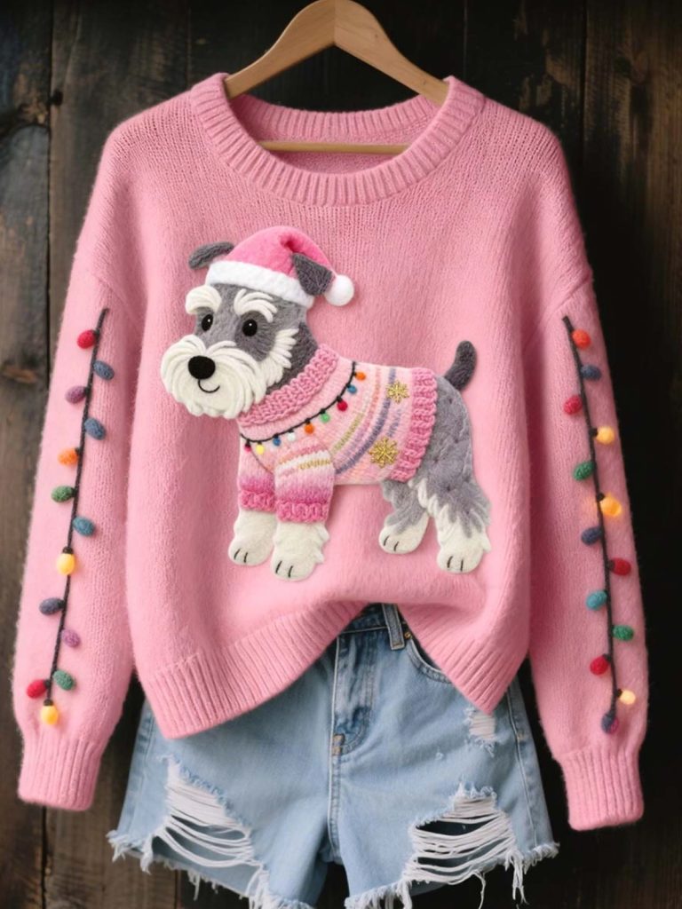 Womens Christmas Schnauzer Dog Felt Art Cozy Knit Sweater