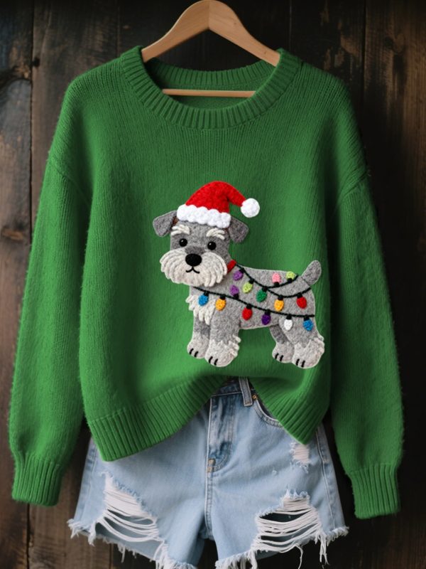 Womens Christmas Schnauzer Dog Felt Art Cozy Knit Ugly Sweater