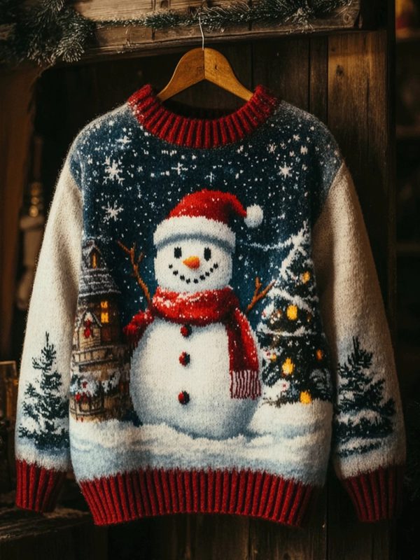 Womens Christmas Snowman Print Art Casual Knitted Sweater