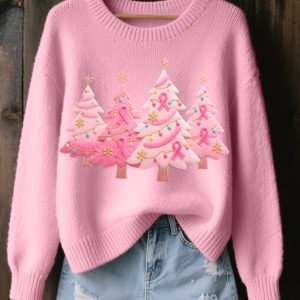 Womens Christmas Tree Embroidered Cozy Knit Sweater