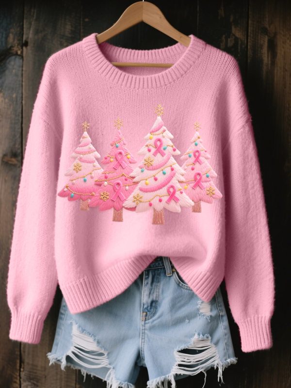 Womens Christmas Tree Embroidered Cozy Knit Sweater