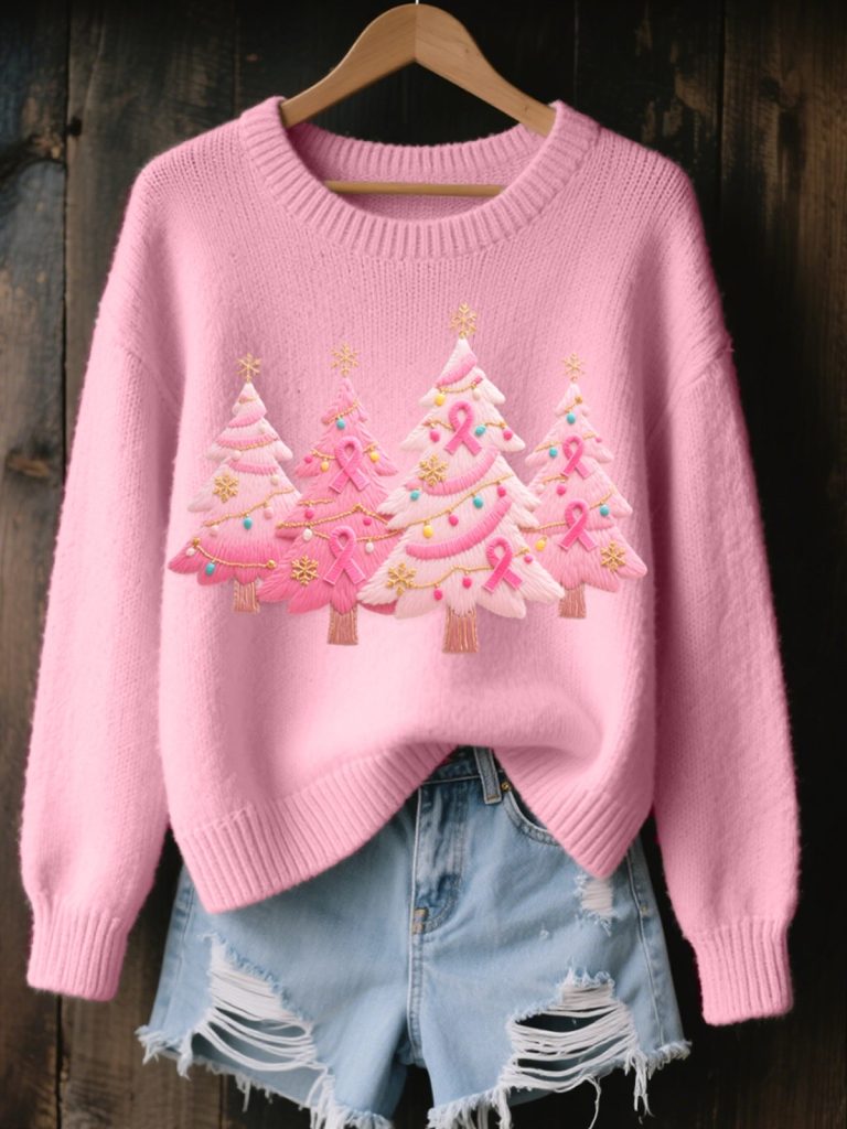 Womens Christmas Tree Embroidered Cozy Knit Sweater