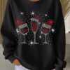 Womens Christmas Wineglass Print Knit Crew Neck Sweatshirt