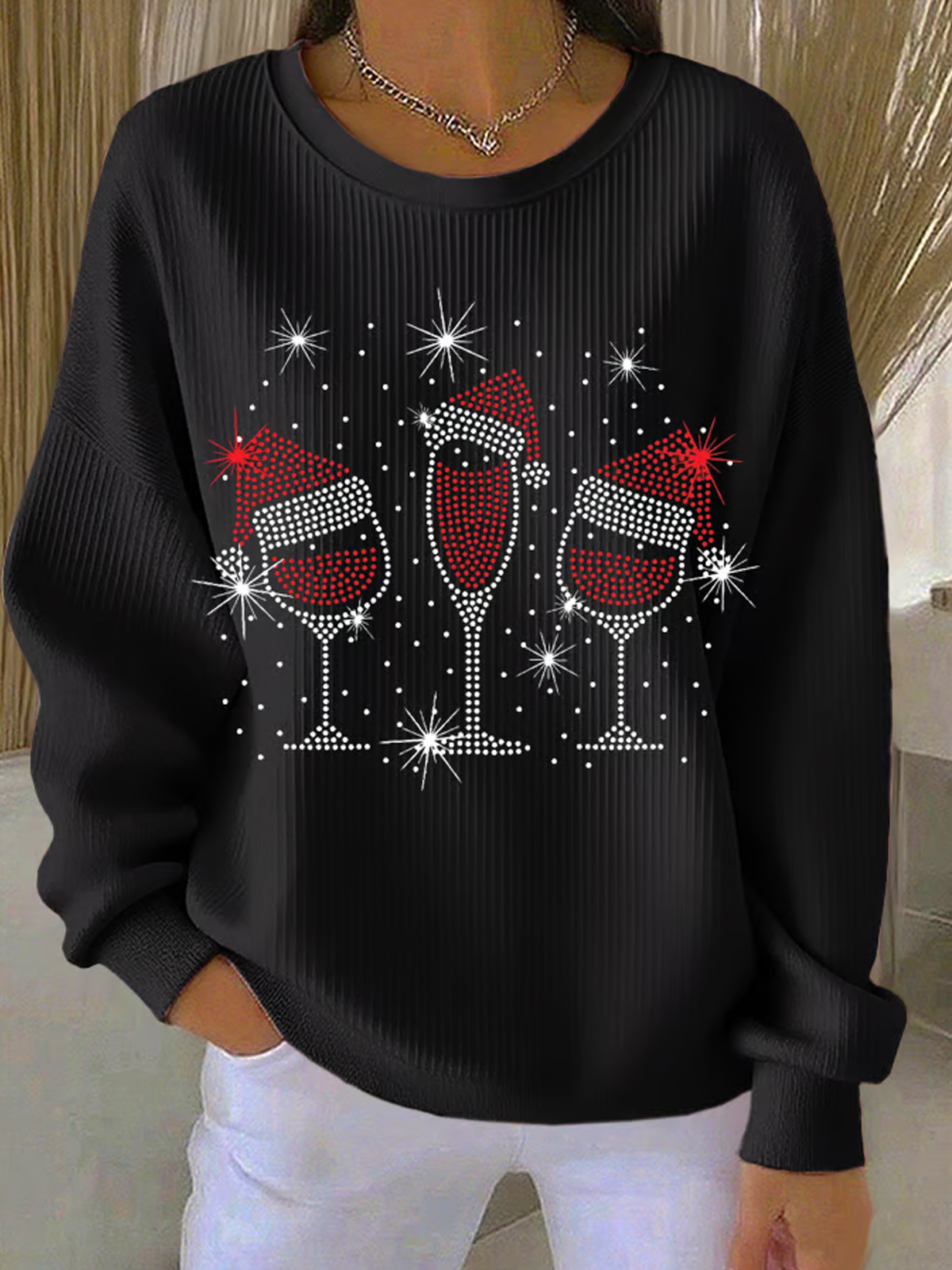 Women's Christmas Wineglass Print Knit Crew Neck Sweatshirt