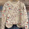 Womens Christmas Winter Birds On Branch Knitted Sweater