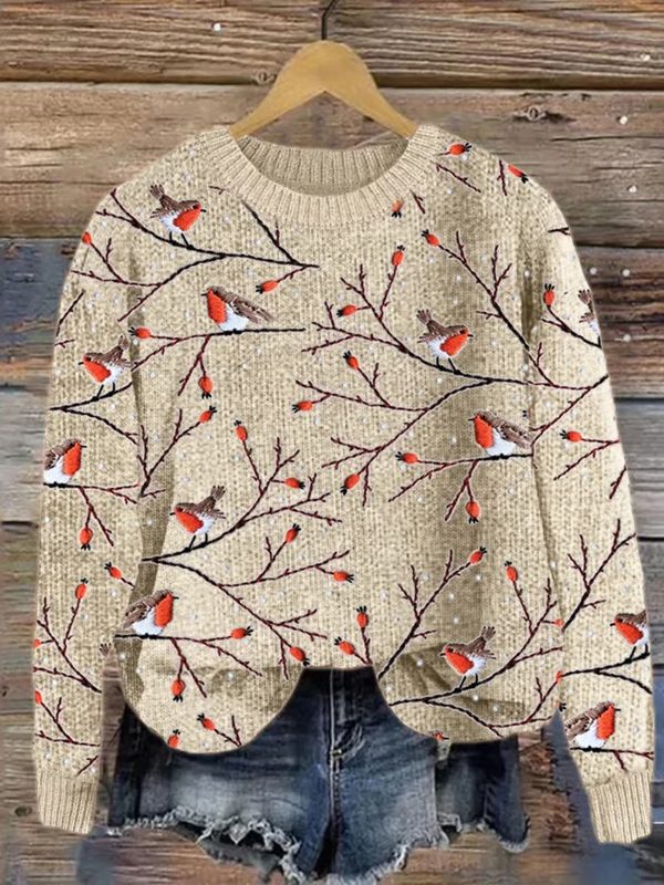 Womens Christmas Winter Birds On Branch Knitted Sweater