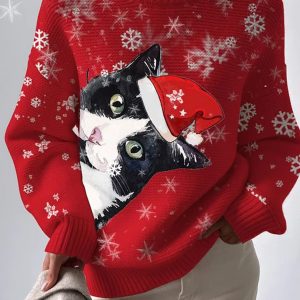 Womens Christmas cat Printed imitation sweater