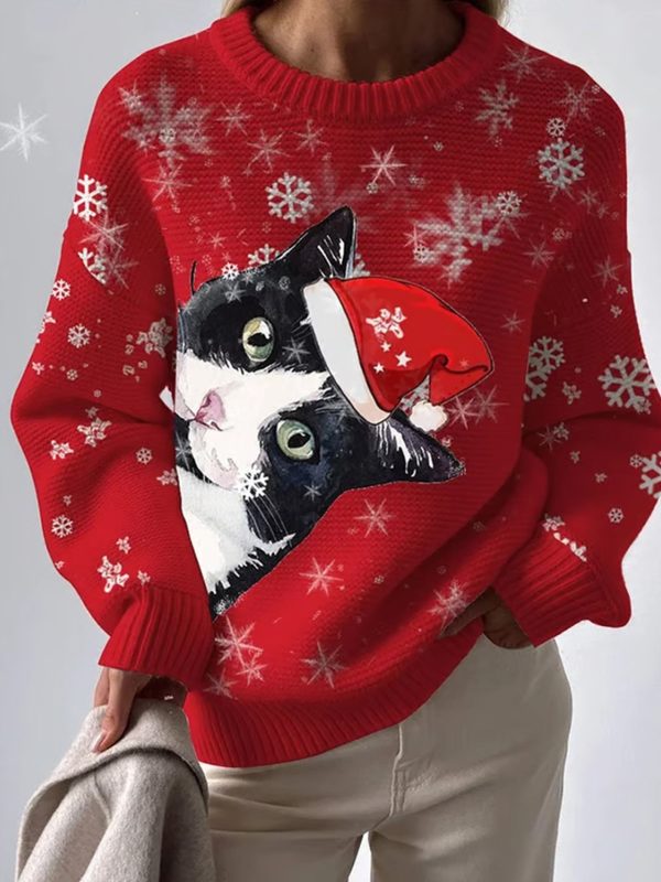 Womens Christmas cat Printed imitation sweater