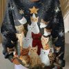 Womens Christmas cat Ribbed Round Neck Sweatshirt
