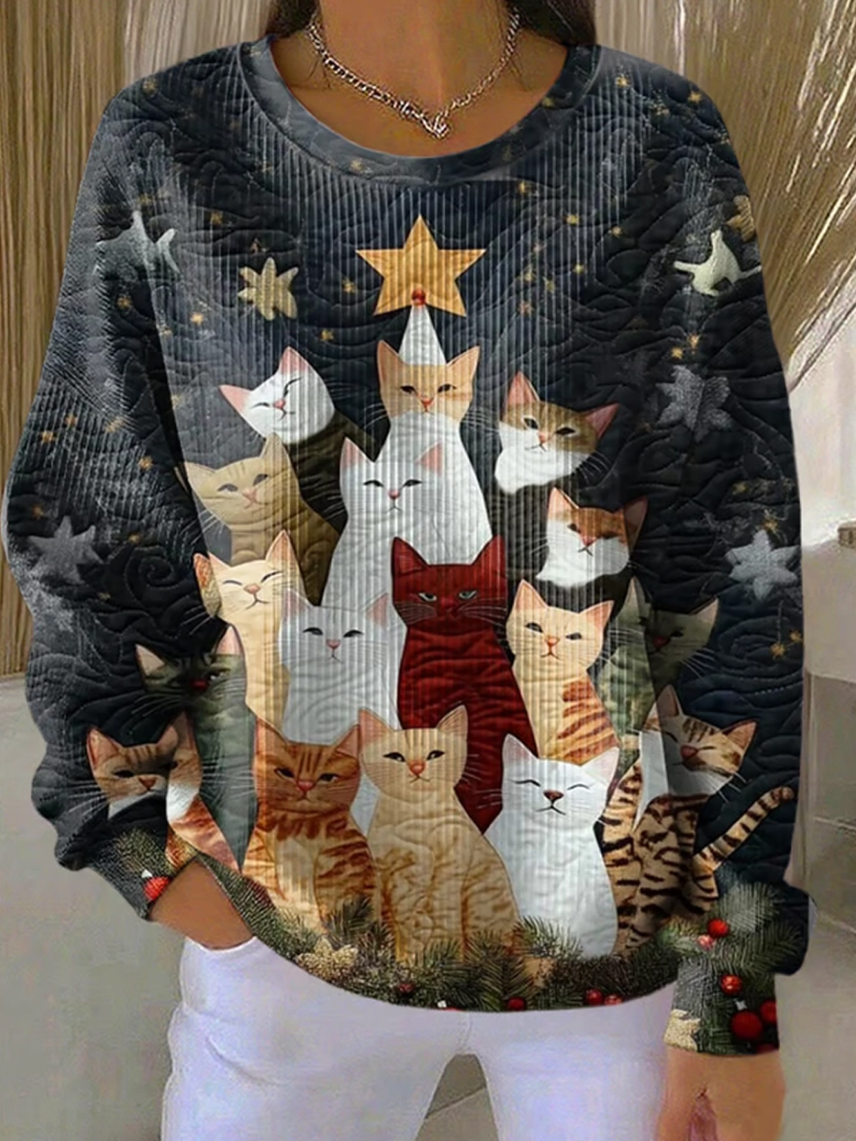 Women's Christmas cat Ribbed Round-Neck Sweatshirt