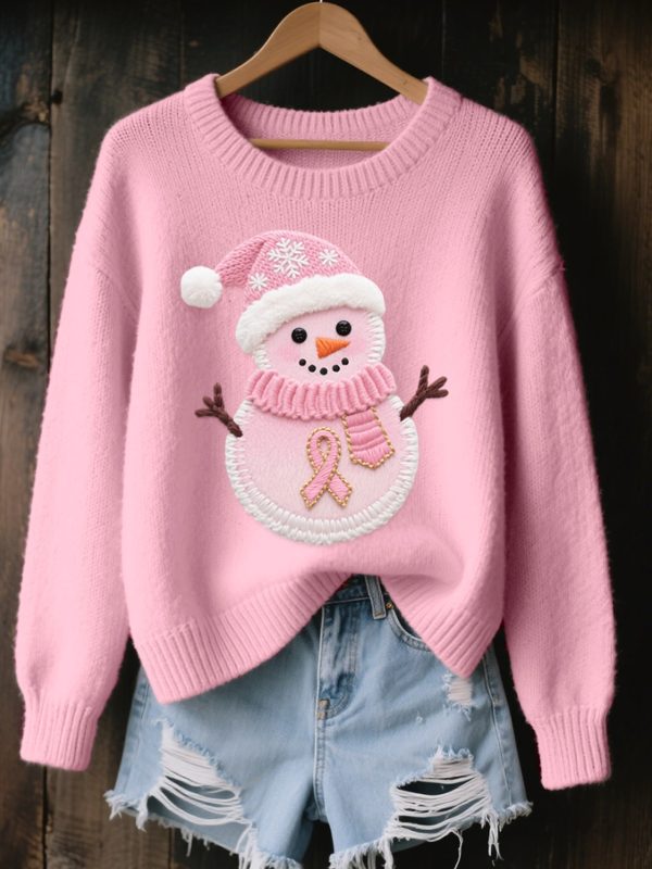 Womens Cute Christmas Snowman Embroidered Cozy Knit Sweater