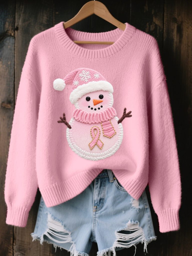 Womens Cute Christmas Snowman Embroidered Cozy Knit Sweater