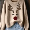 Womens Cute Reindeer Embroidered Cozy Knit Sweater