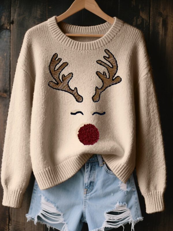 Womens Cute Reindeer Embroidered Cozy Knit Sweater