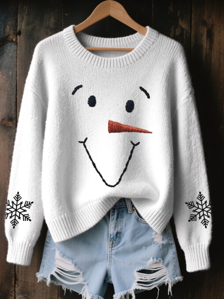 Womens Cute Snowman Embroidered Cozy Knit Sweater