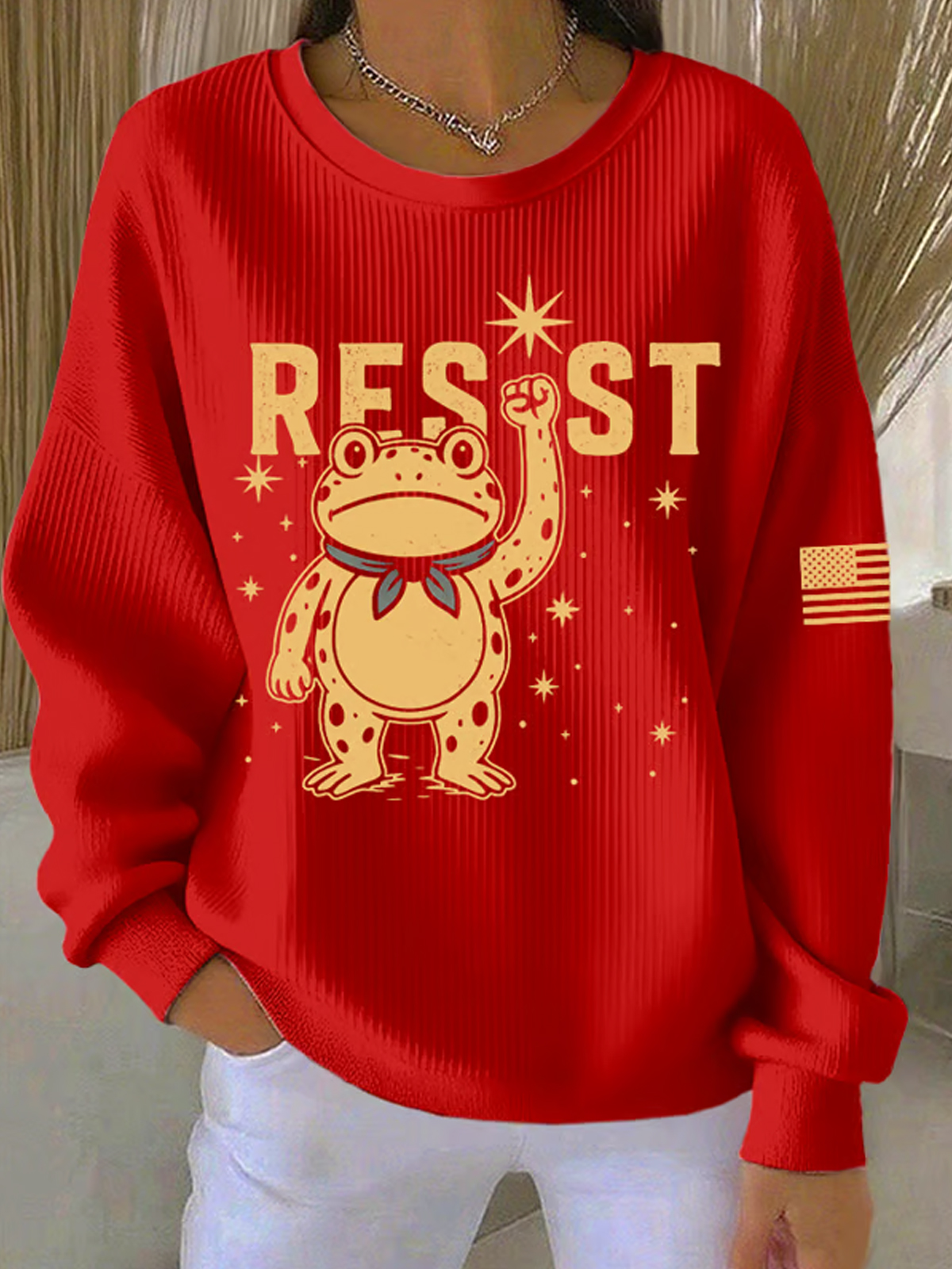 Women's FDT Print Knit Crew Neck Long Sleeve Sweatshirt