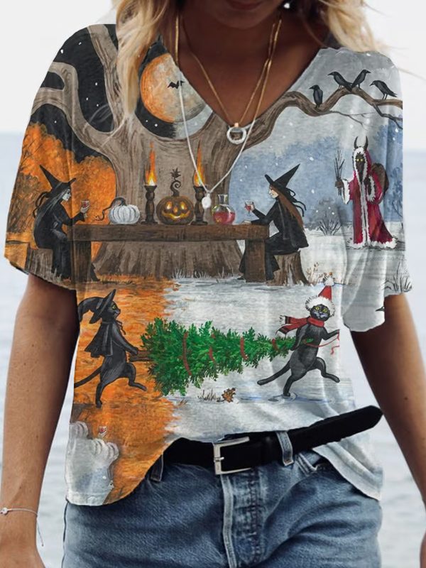 Womens Halloween Christmas Black Cat Witch Pumpkin Crow Print V neck T Shirt