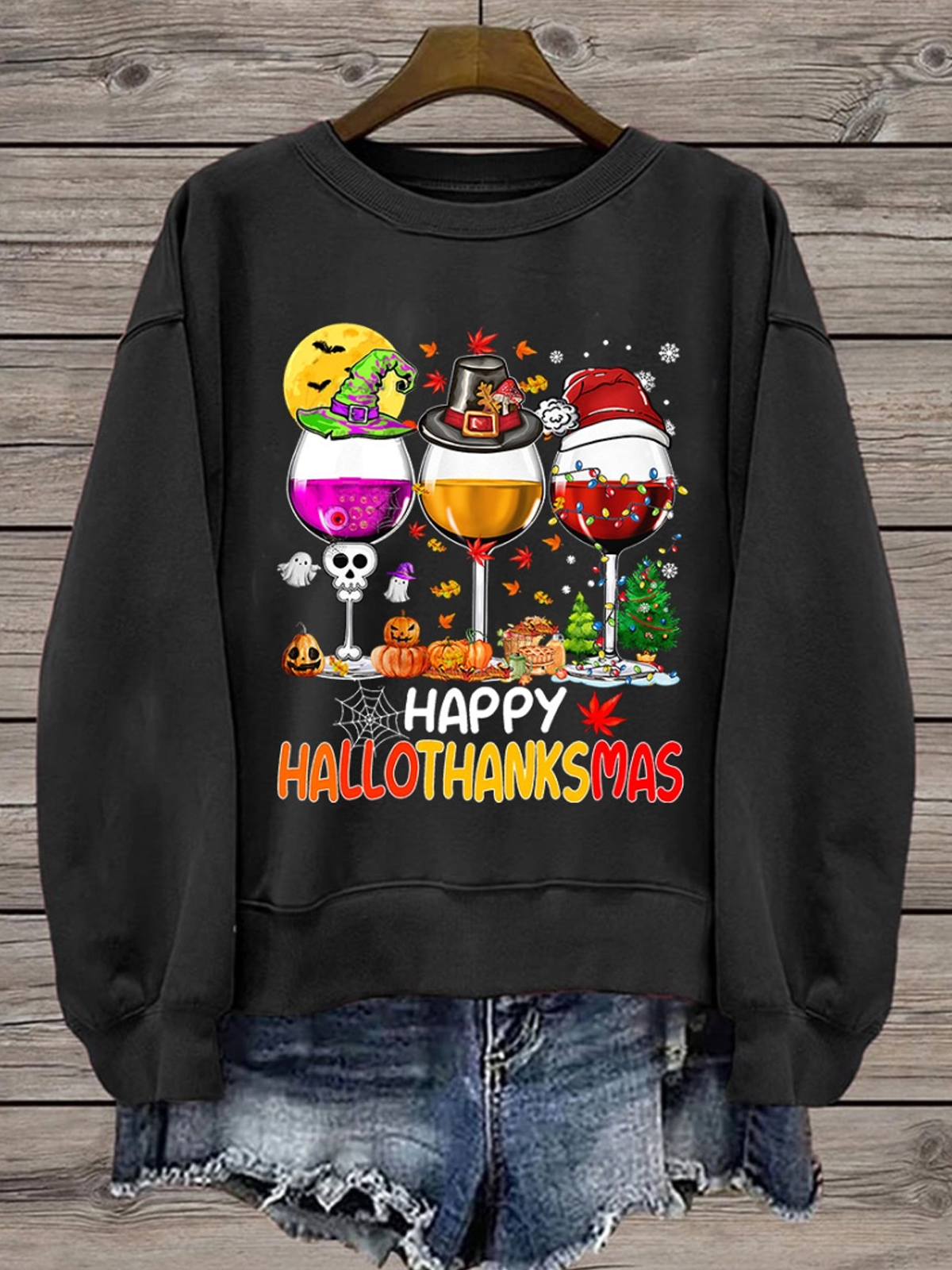 Women's Happy Hallothanksmas Red Wine Glass Sweatshirt