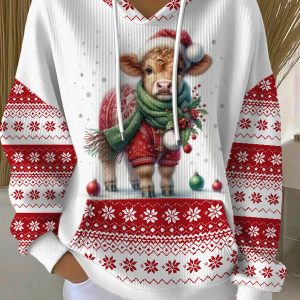Womens Highland Cow Christmas Print Casual Hoodie