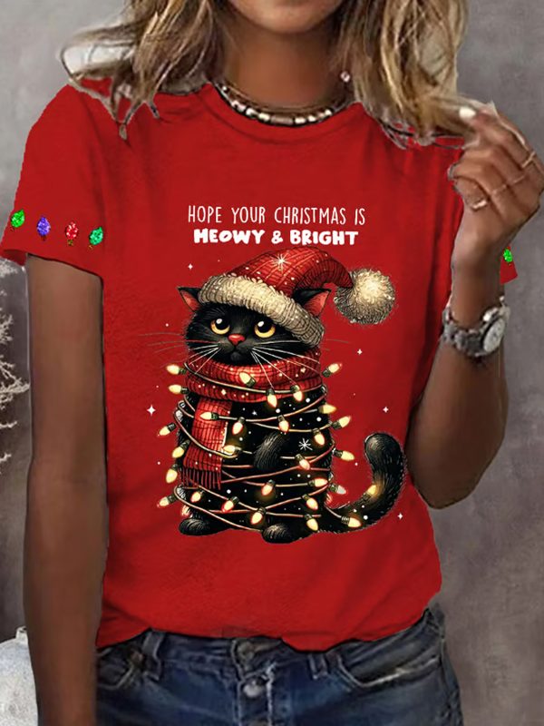 Womens Hope Your Christmas Is Meowy And Bright Casual Tee 2