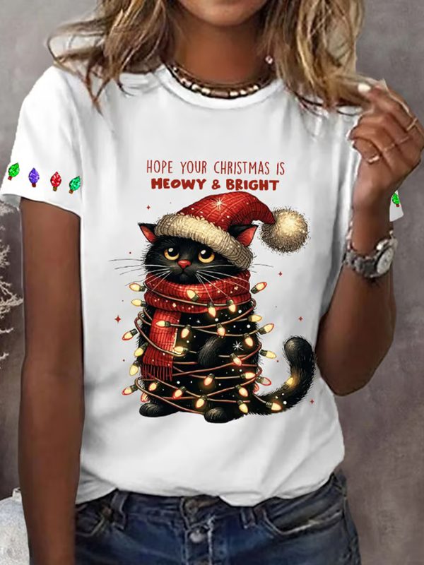 Womens Hope Your Christmas Is Meowy And Bright Casual Tee