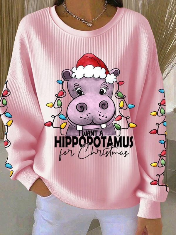 Womens I Want A Hippopotamus For Christmas Ribbed Round Neck Sweatshirt