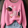 Womens Lovely Christmas Dachshund Felt Art Cozy Knit Sweater