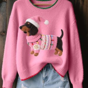 Womens Lovely Christmas Dachshund Felt Art Cozy Knit Sweater