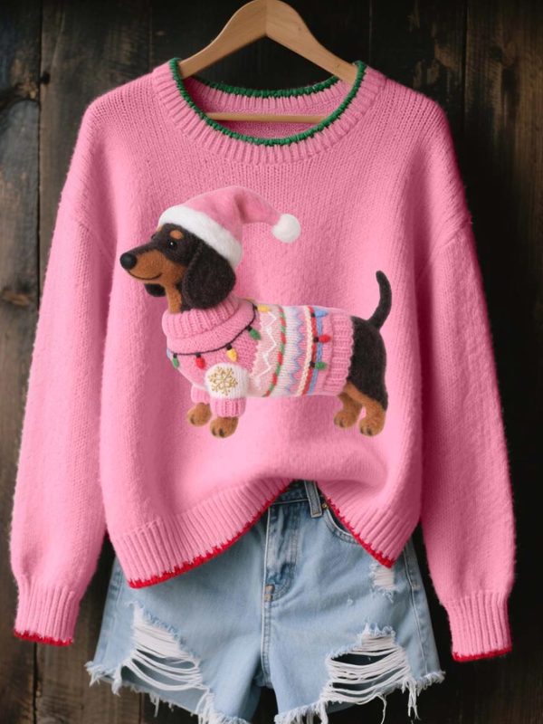 Womens Lovely Christmas Dachshund Felt Art Cozy Knit Sweater