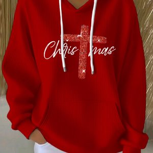 Womens Merry Christmas Cross Print Ribbed Hoodie