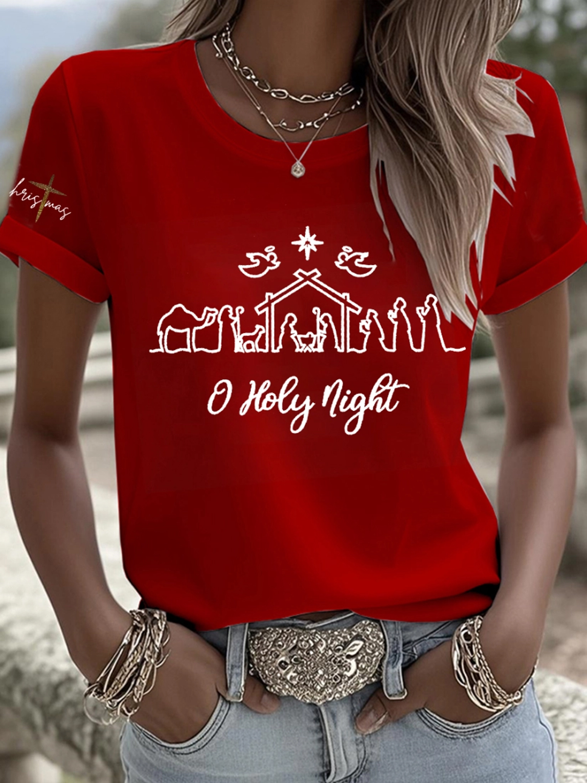 Women's O Holy Night Print Short Sleeve T-Shirt