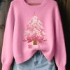 Womens Pink Christmas Tree Embroidered Cozy Knit Sweater