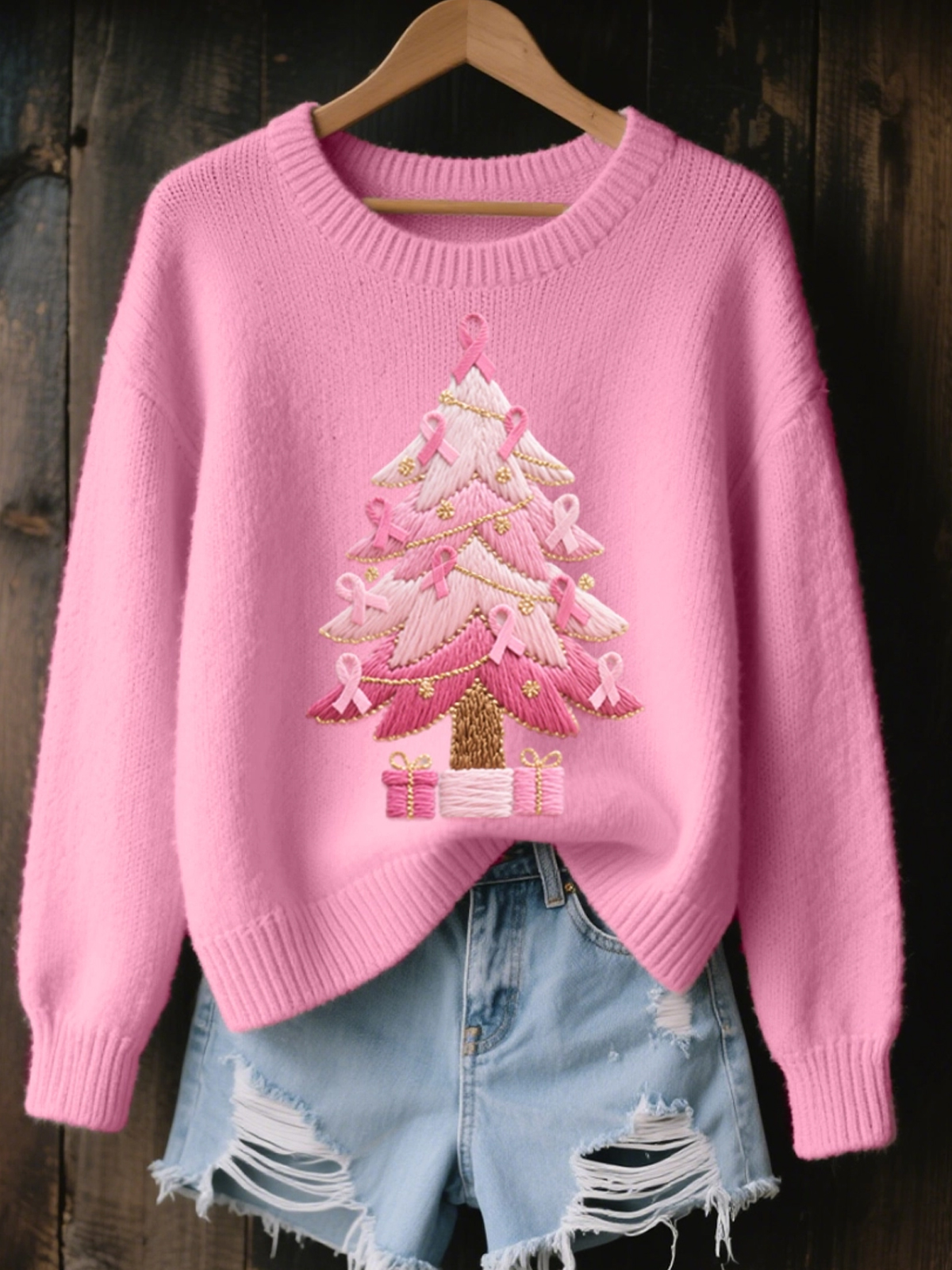 Women's Pink Christmas Tree Embroidered Cozy Knit Sweater
