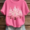 Womens Pink Christmas Tree Embroidered Cozy Knit Ugly Sweater