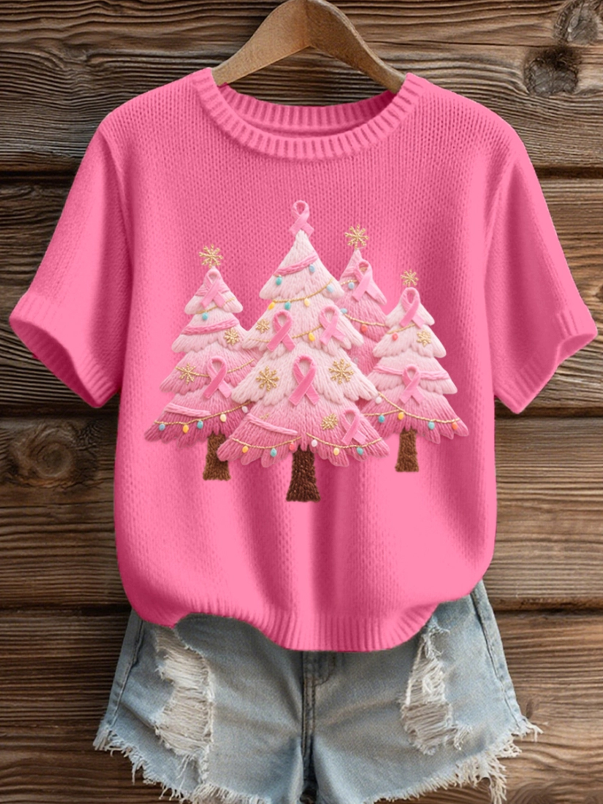 Women's Pink Christmas Tree Embroidered Cozy Knit Ugly Sweater