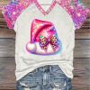 Womens Pink Santa Hat Print V Neck Casual T Shirt
