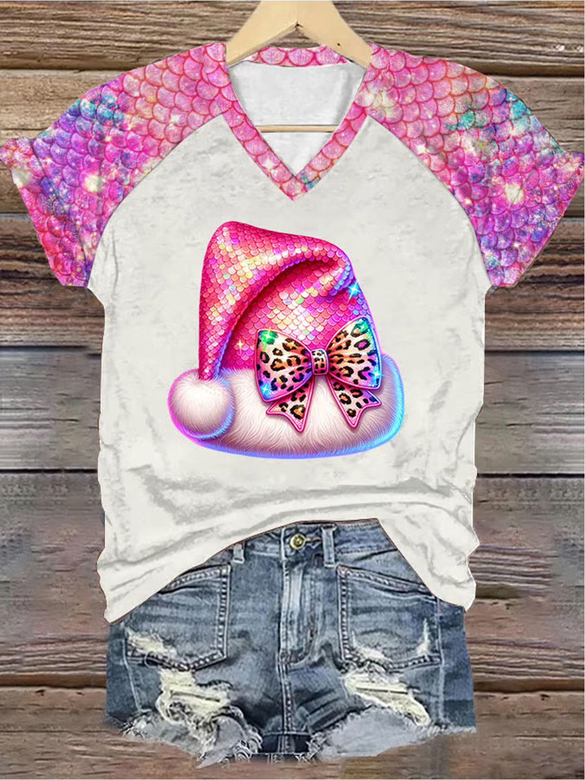 Women's Pink Santa Hat Print V-Neck Casual T-Shirt