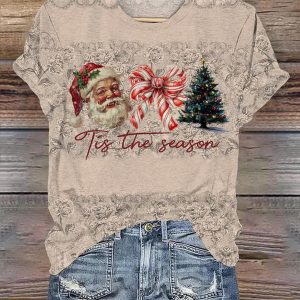 Womens Retro Christmas Tis The Season Print V Neck T Shirt
